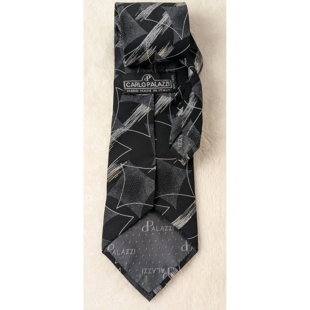 Carlo Palazzi Silk Tie Black Silver Abstract Geometric Hand Made in Italy‎
